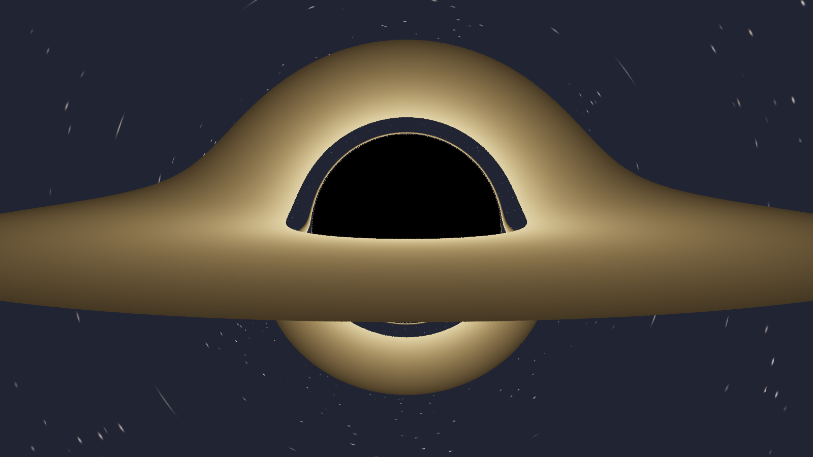Rendered Schwarzschild black hole — a dark shadow ringed by a thin accretion disk, with the far side of the disk lensed into an arc above the hole.